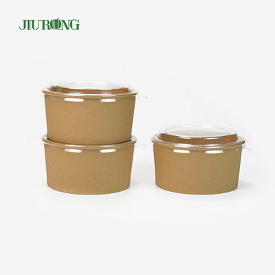 1100ml Mangkuk Salad Kertas Kraft Ramah Lingkungan Sekali Pakai Dengan Tutup PET